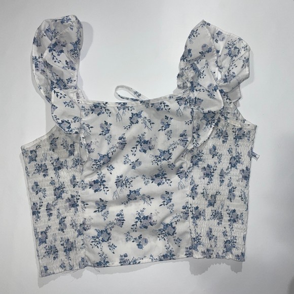 White and blue ruffle shoulder floral printed womens crop  top size xl - Picture 4 of 9